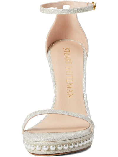 STUART WEITZMAN Womens Silver Faux Pearl Embellishment Cushioned Glitter Ankle Strap Nudist Disco Round Toe Stiletto Buckle Dress Heeled Sandal 7.5 M