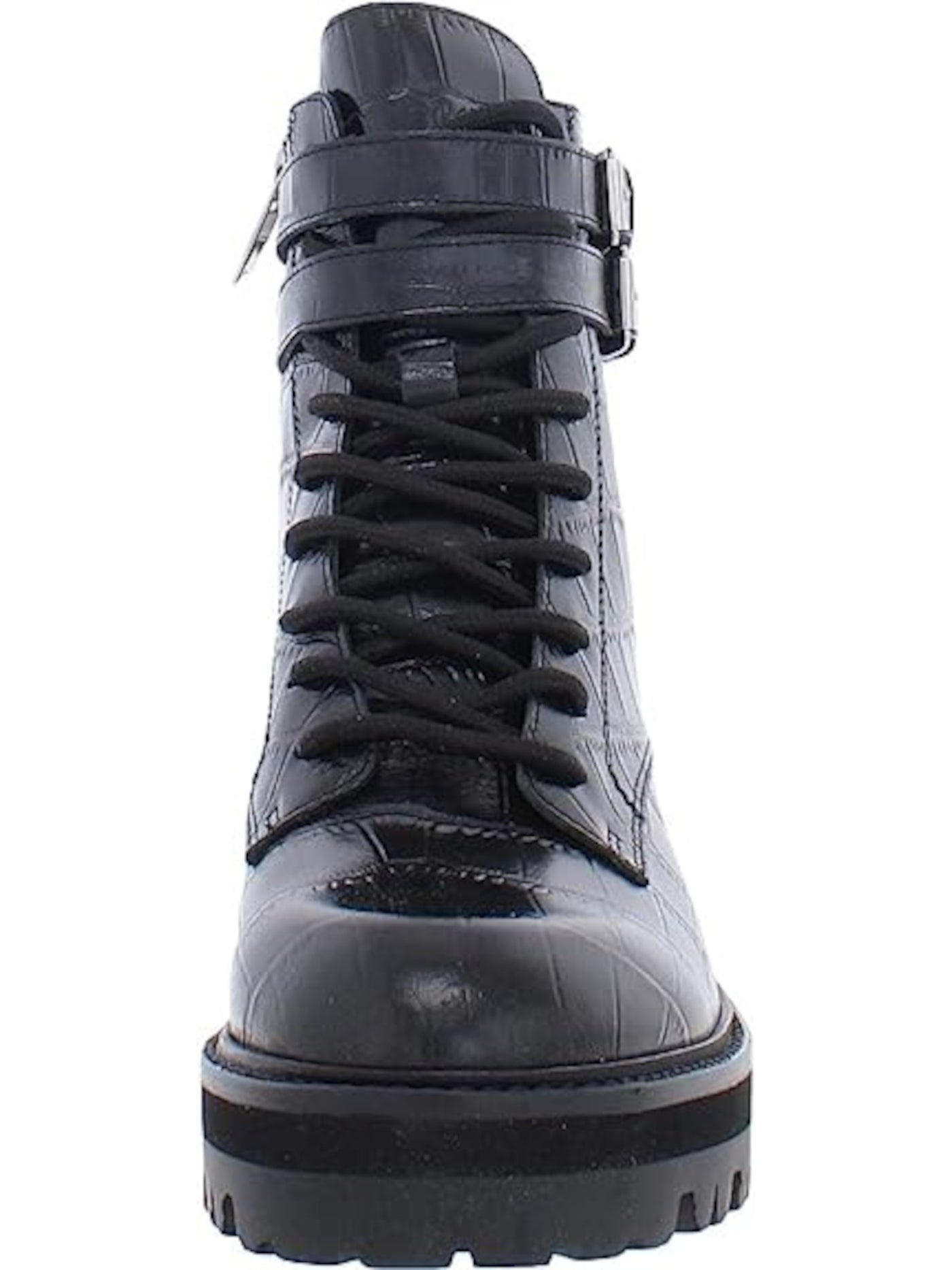 MARC FISHER Womens Black Croc Lace 1" Platform Buckle Accent Lug Sole Barren Round Toe Block Heel Zip-Up Leather Booties 6.5 M