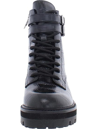 MARC FISHER Womens Black Croc Lace 1" Platform Buckle Accent Lug Sole Barren Round Toe Block Heel Zip-Up Leather Booties 6.5 M