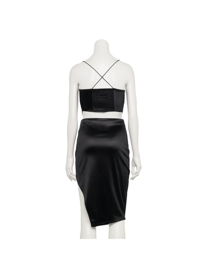 ALMOST FAMOUS Womens Black Stretch Smocked Satin Asymmetrical Hem Spaghetti Strap Scoop Neck Below The Knee Cocktail Body Con Dress L