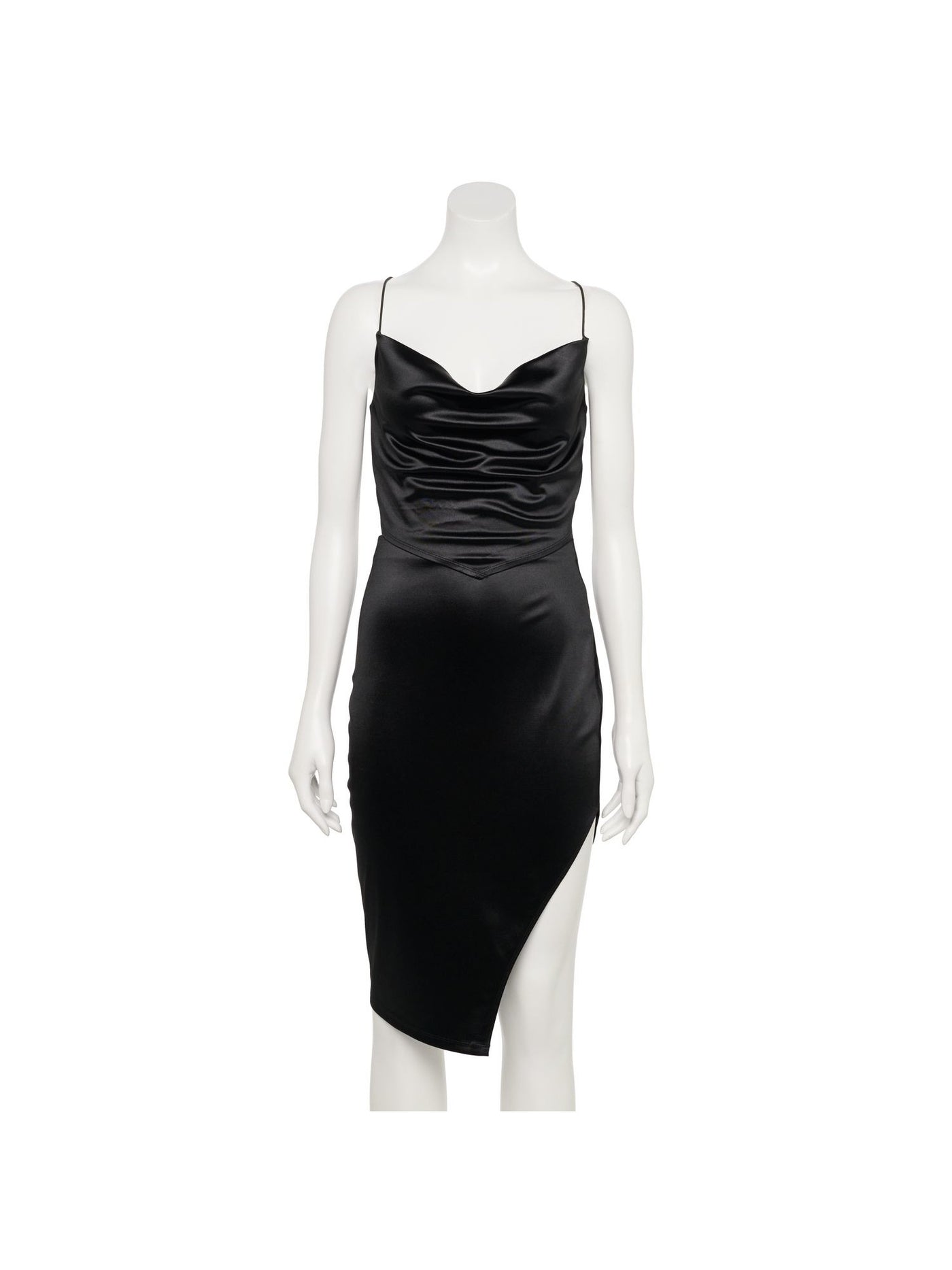 ALMOST FAMOUS Womens Black Stretch Smocked Satin Asymmetrical Hem Spaghetti Strap Scoop Neck Below The Knee Cocktail Body Con Dress L