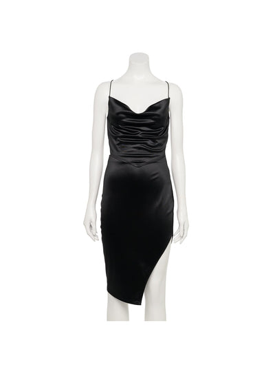 ALMOST FAMOUS Womens Black Stretch Smocked Satin Asymmetrical Hem Spaghetti Strap Scoop Neck Below The Knee Cocktail Body Con Dress L