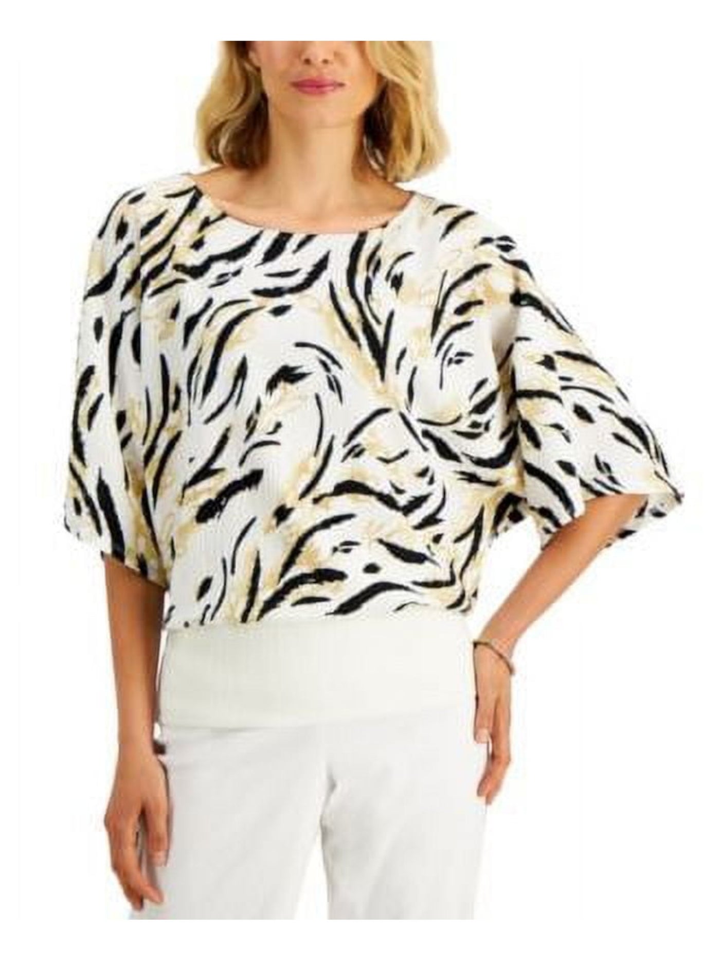 JM COLLECTION Womens Ivory Textured Wide Solid Hem Printed Elbow Sleeve Round Neck Wear To Work Top PXL