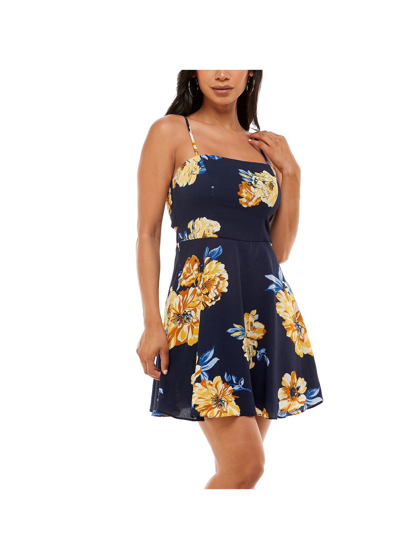 B DARLIN Womens Navy Stretch Zippered Darted Tie-back Floral Spaghetti Strap Square Neck Mini Party Fit + Flare Dress 3\4