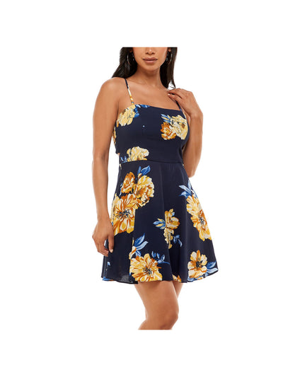 B DARLIN Womens Navy Stretch Zippered Darted Tie-back Floral Spaghetti Strap Square Neck Mini Fit + Flare Dress 11\12