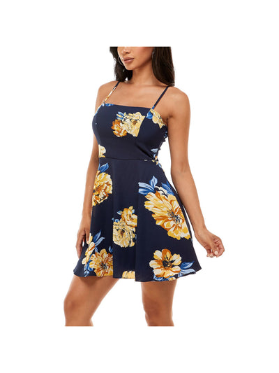 B DARLIN Womens Navy Zippered Tie Rounded Hem Lined Floral Spaghetti Strap Above The Knee Party Fit + Flare Dress 13\14