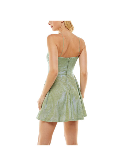 B DARLIN Womens Green Zippered Glitter Textured Skater Lined Sleeveless Halter Mini Party Fit + Flare Dress 5\6