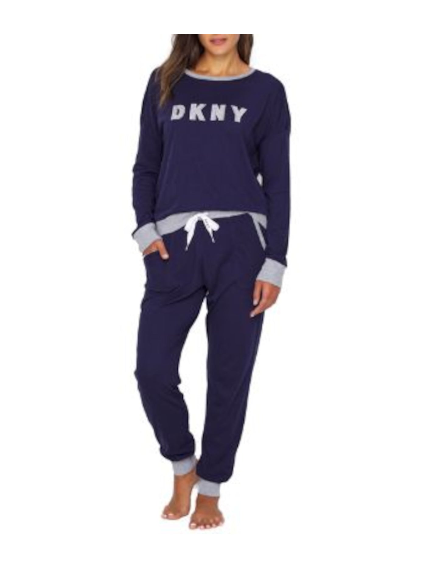 DKNY Womens Navy Logo Graphic Top Elastic Band Long Sleeve Cuffed Pants Pajamas S