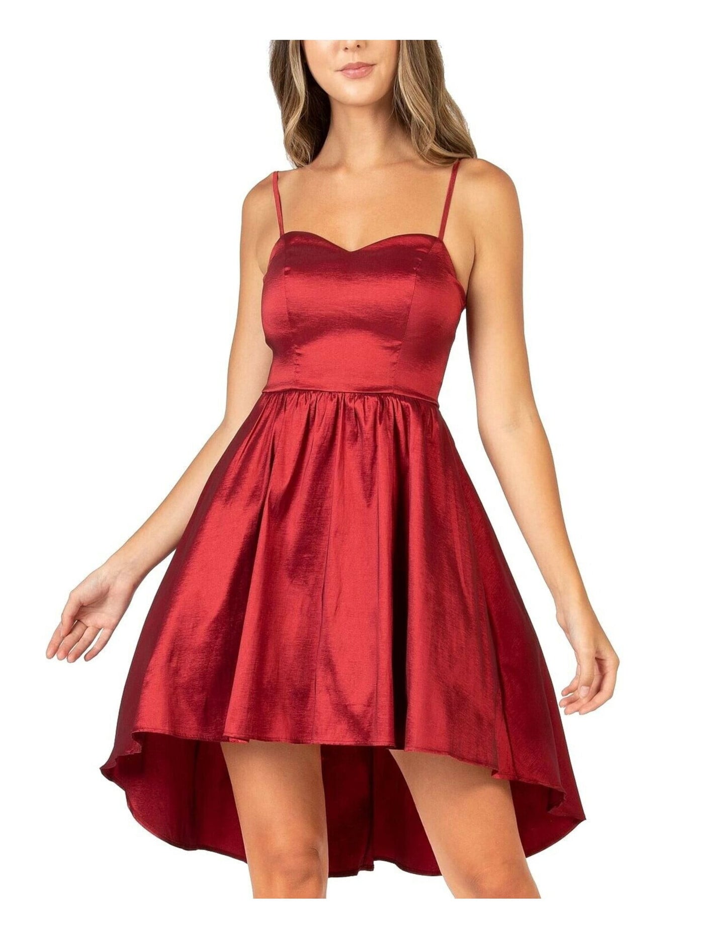 B DARLIN Womens Red Stretch Zippered Hi-low Taffeta Molded Cups Spaghetti Strap Sweetheart Neckline Mini Party Fit + Flare Dress 7\8