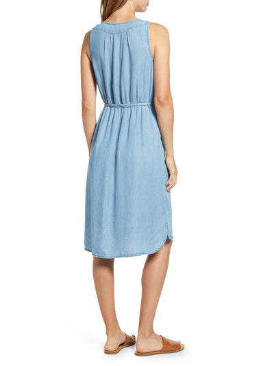 BEACHLUNCHLOUNGE COLLECTION Womens Blue Pocketed Belted Elastic Waist Rounded Hem Sleeveless Surplice Neckline Below The Knee Sheath Dress XS