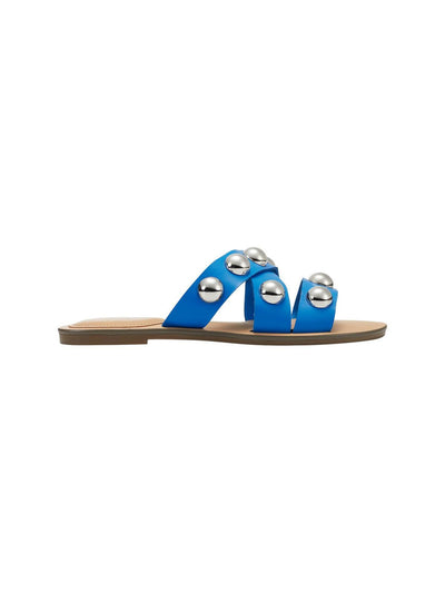 MARC FISHER Womens Blue Padded Heel Studded Strappy Bryte Round Toe Slip On Slide Sandals Shoes 8 M