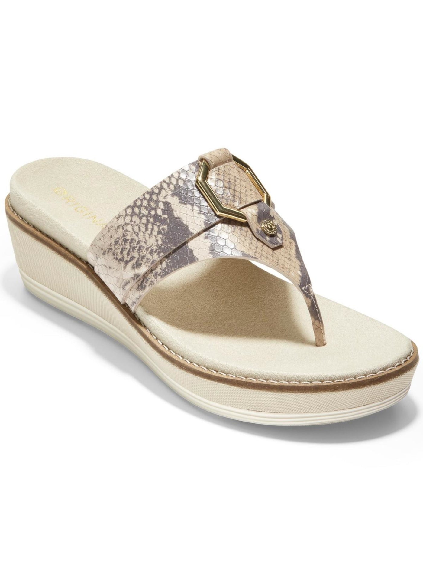 COLE HAAN Womens Beige Snakeskin 1-1/2" Platform Hardware Embellishment Comfort Slip Resistant Breathable Original Grand Flatform Round Toe Wedge Slip On Leather Thong Sandals Shoes 8.5 B