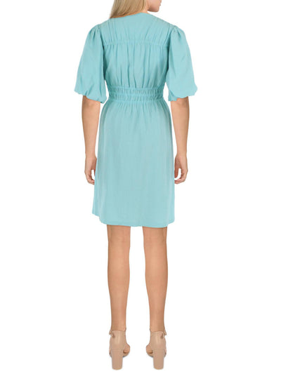 CALVIN KLEIN Womens Aqua Textured Smocked Pullover Pouf Sleeve V Neck Above The Knee Fit + Flare Dress 12