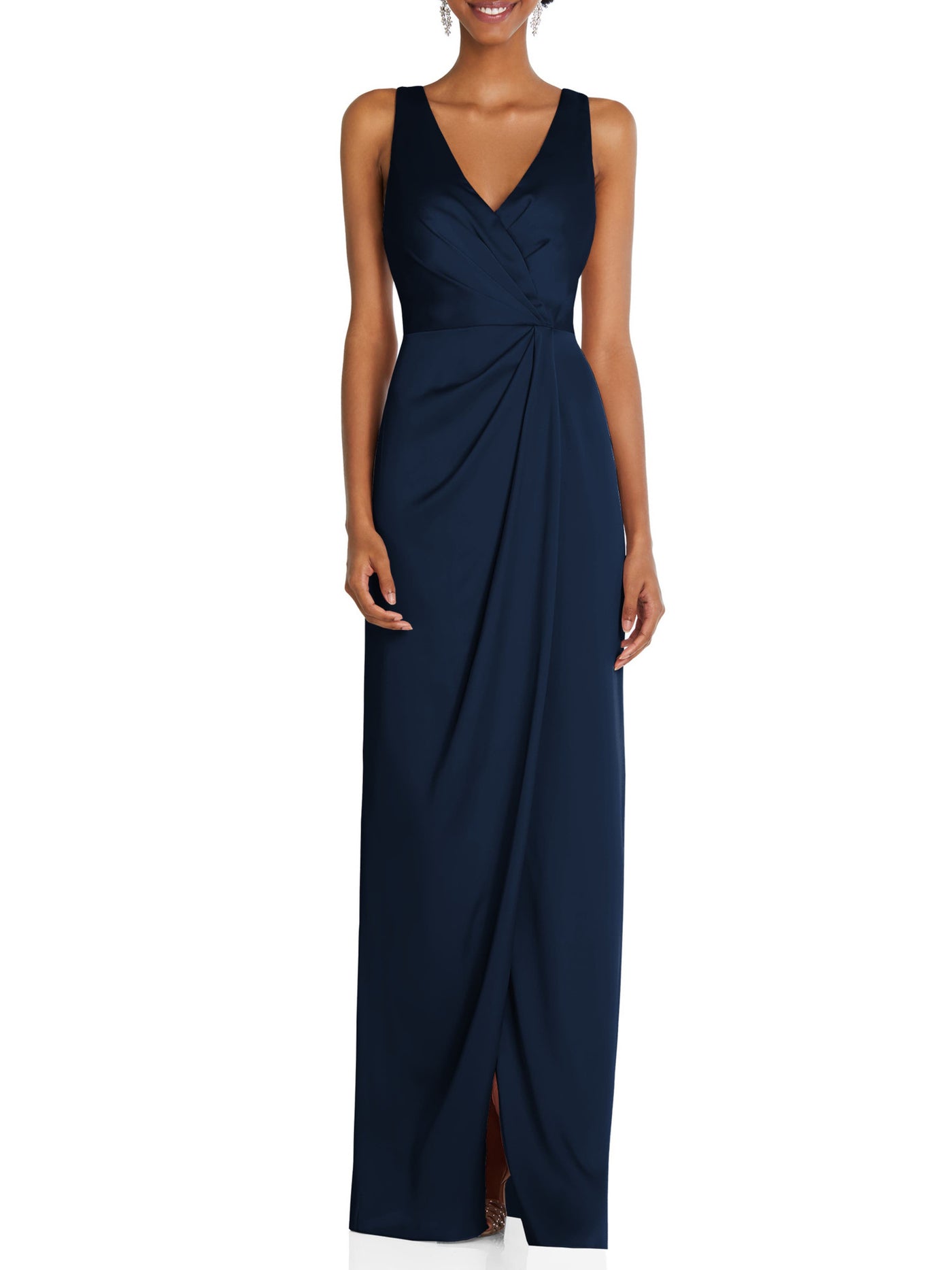 AFTER SIX Womens Navy Gathered Zippered Wrap-style Skirt Lined Sleeveless V Neck Full-Length Evening Gown Dress 14