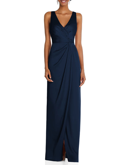 AFTER SIX Womens Navy Gathered Zippered Wrap-style Skirt Lined Sleeveless V Neck Full-Length Evening Gown Dress 14