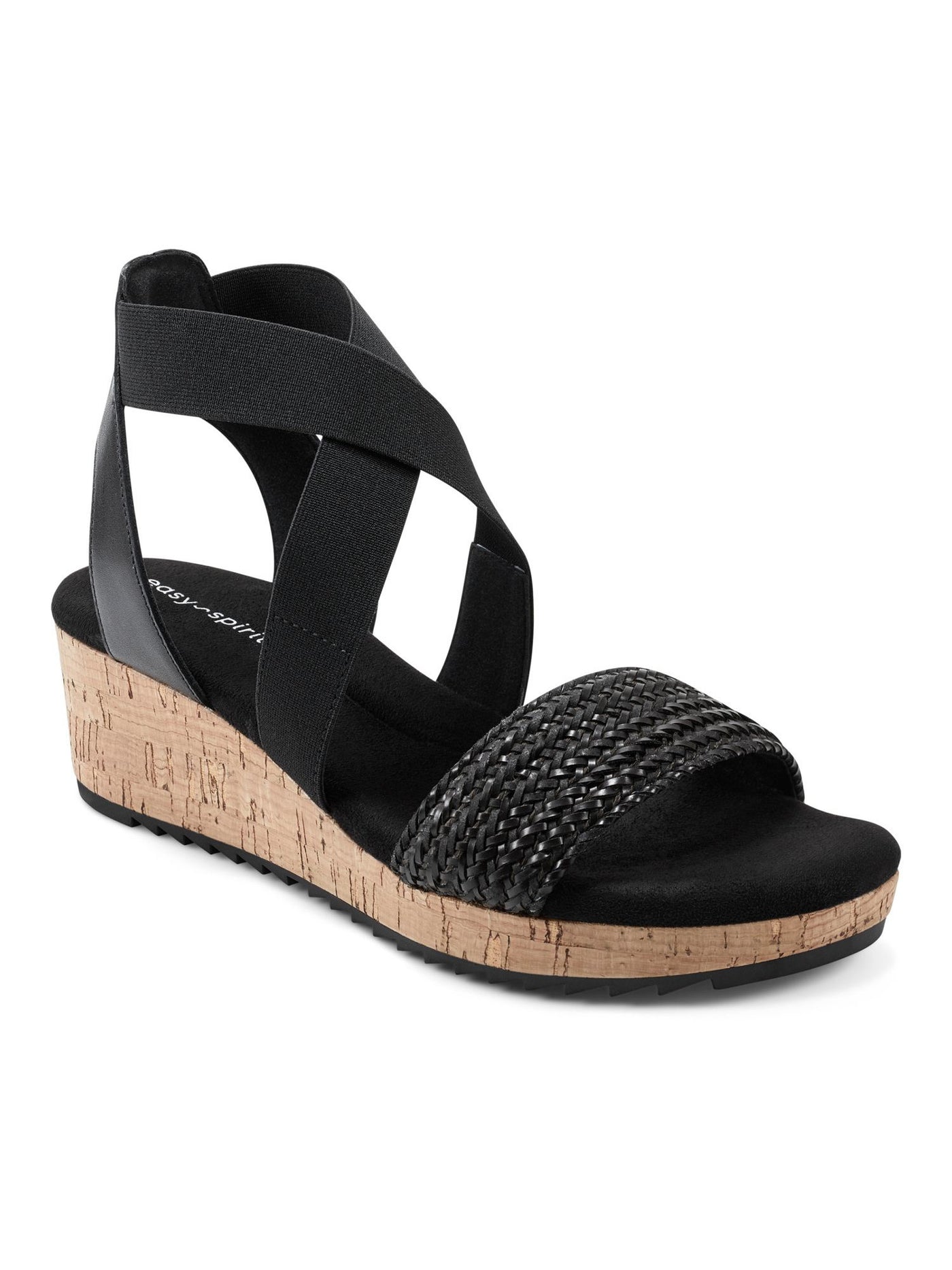 EASY SPIRIT Womens Black Mixed Media 1" Cork-Like Platform Woven Vamp Elastic Straps Arch Support Cushioned Lorena Round Toe Wedge Slip On Heeled Sandal 9 M