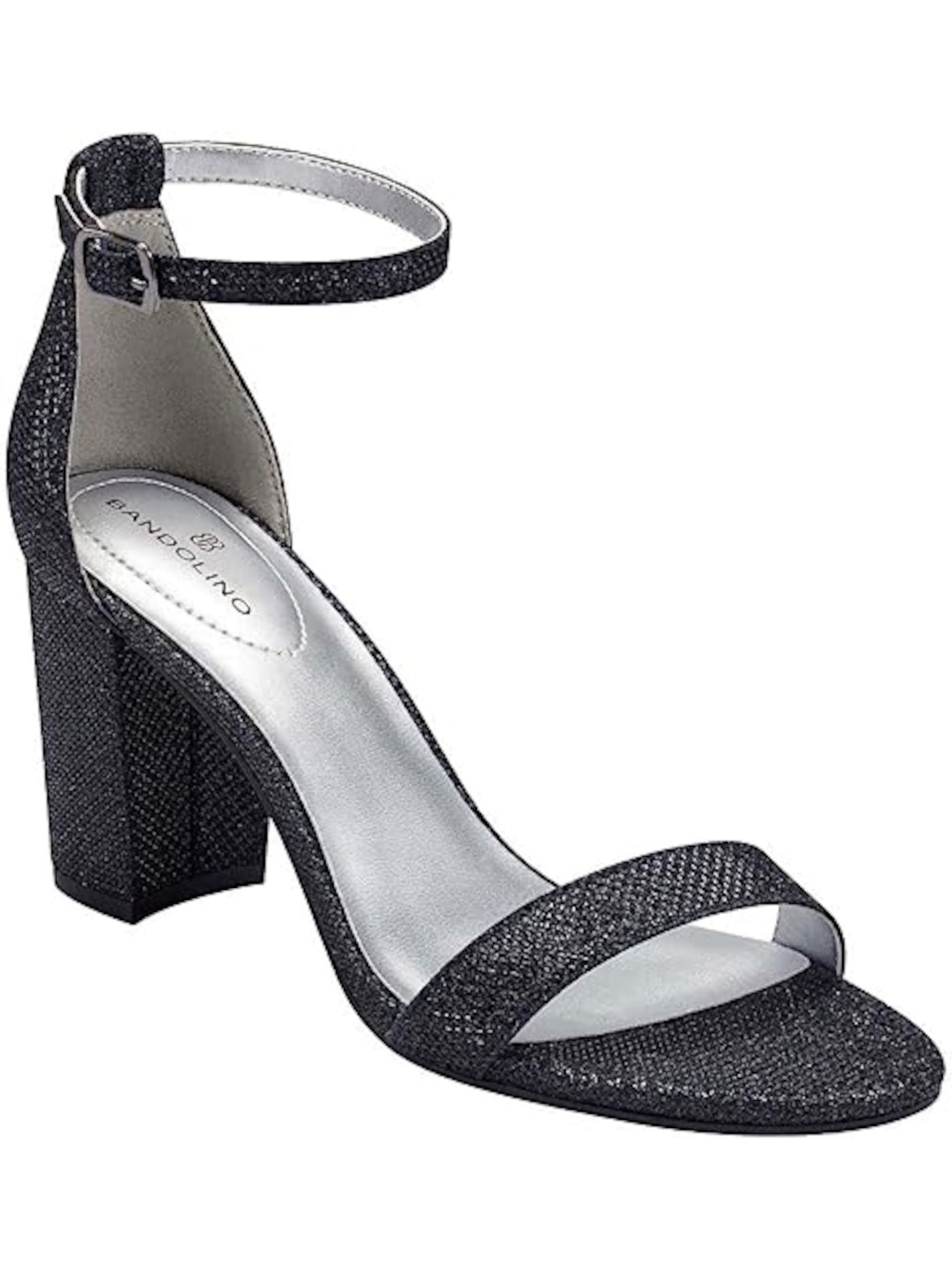 BANDOLINO Womens Black Shimmery Ankle Strap Padded Armory Round Toe Block Heel Buckle Dress Heeled Sandal 7.5 M