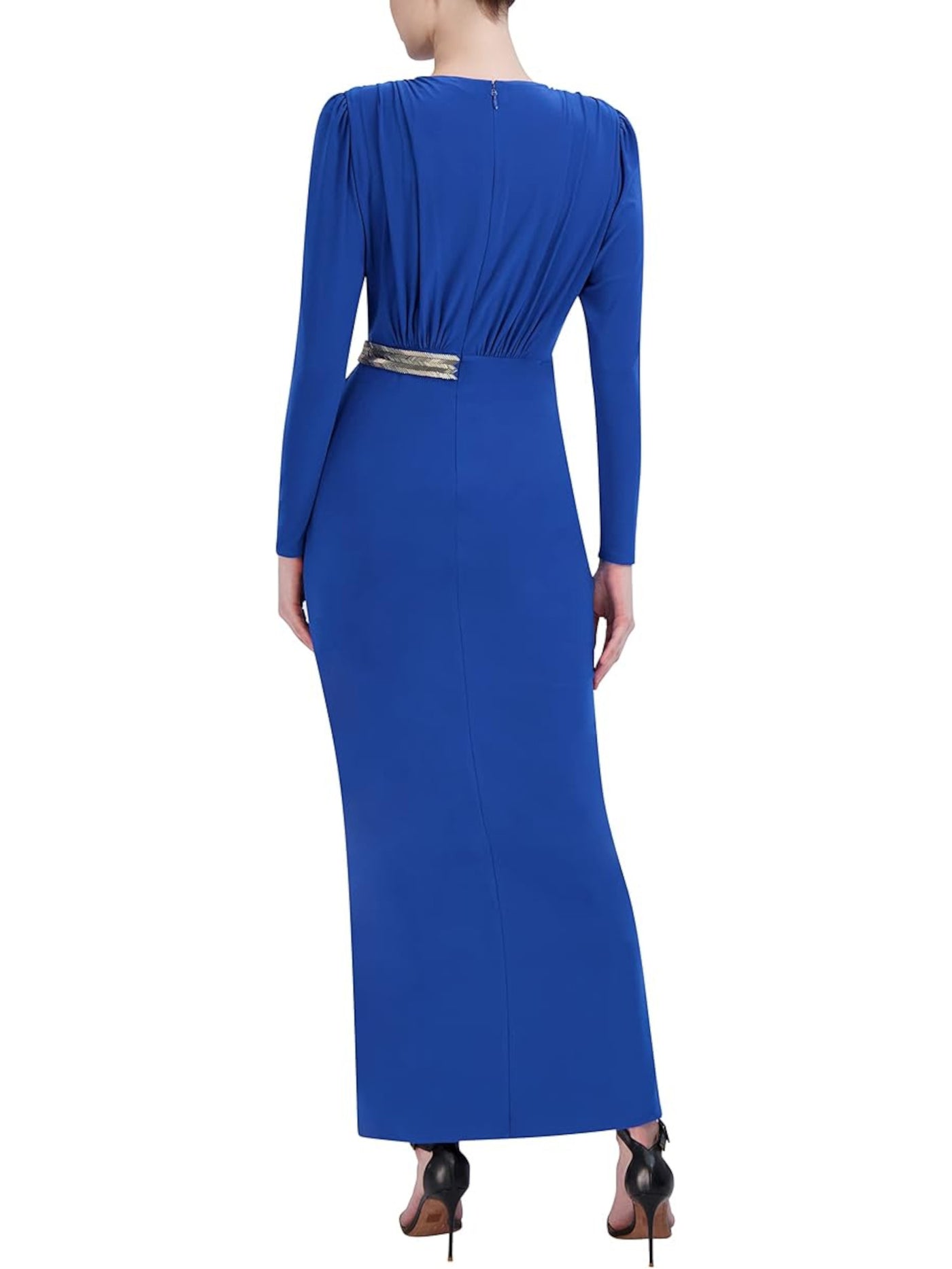 BCBG MAXAZRIA Womens Blue Gathered Zippered Shirred Waist Beaded Accent Slit Long Sleeve Surplice Neckline Full-Length Evening Faux Wrap Dress M