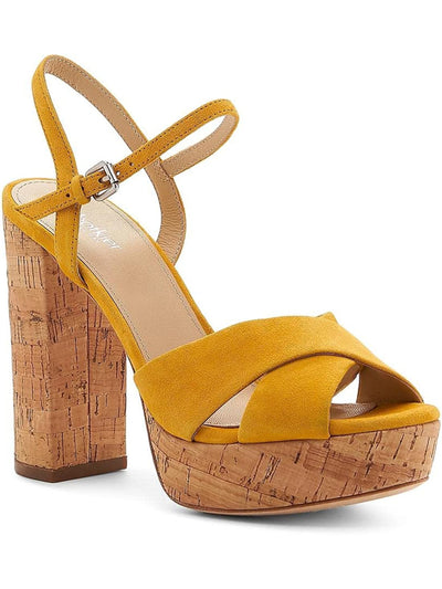 BOTKIER Womens Yellow Crisscross Straps 1" Platform Cork Like Ankle Strap Padded Plateau Round Toe Block Heel Buckle Leather Dress Sandals Shoes 6.5