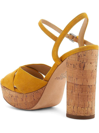 BOTKIER Womens Yellow Crisscross Straps 1" Platform Cork Like Ankle Strap Padded Plateau Round Toe Block Heel Buckle Leather Dress Sandals Shoes 6.5