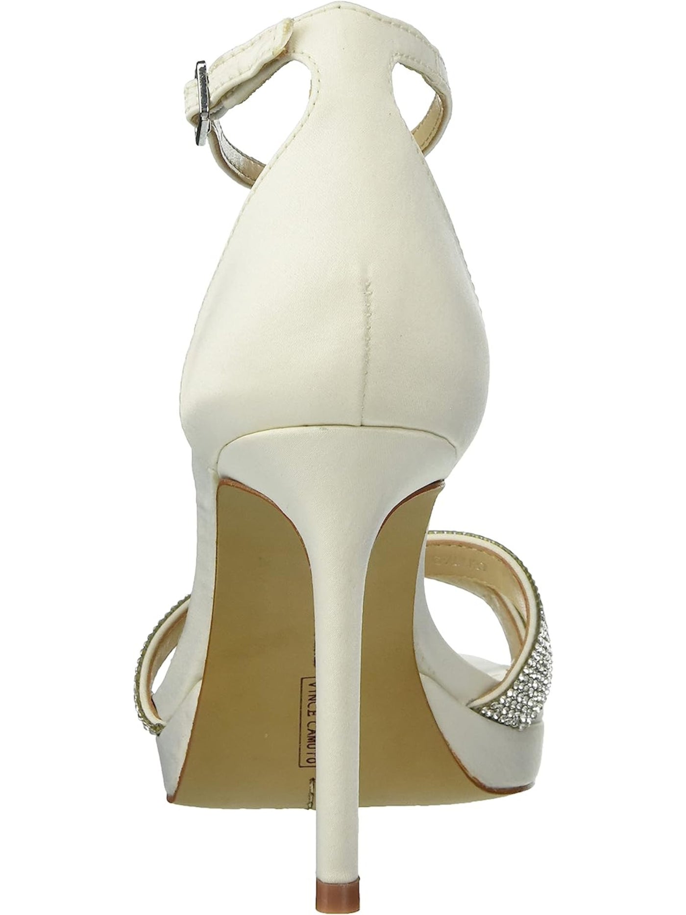 VINCE CAMUTO Womens Ivory Crossover Crystal Ankle Strap Embellished Kalvira Square Toe Stiletto Buckle Dress Heeled Sandal 5.5 M