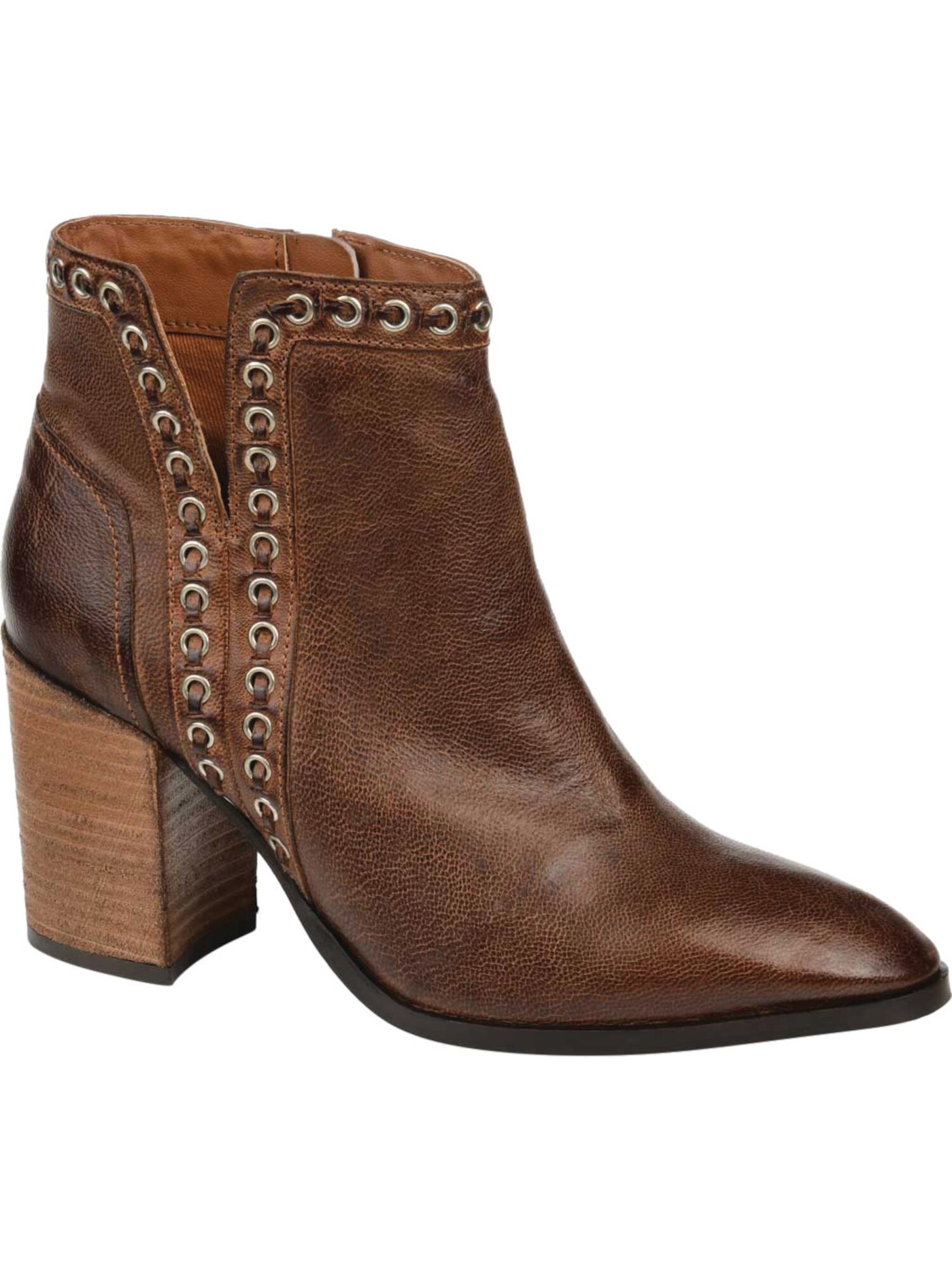 JOURNEE SIGNATURE Womens Brown Lace Detail Padded Eyelet Jorri Almond Toe Stacked Heel Zip-Up Leather Booties 7 M