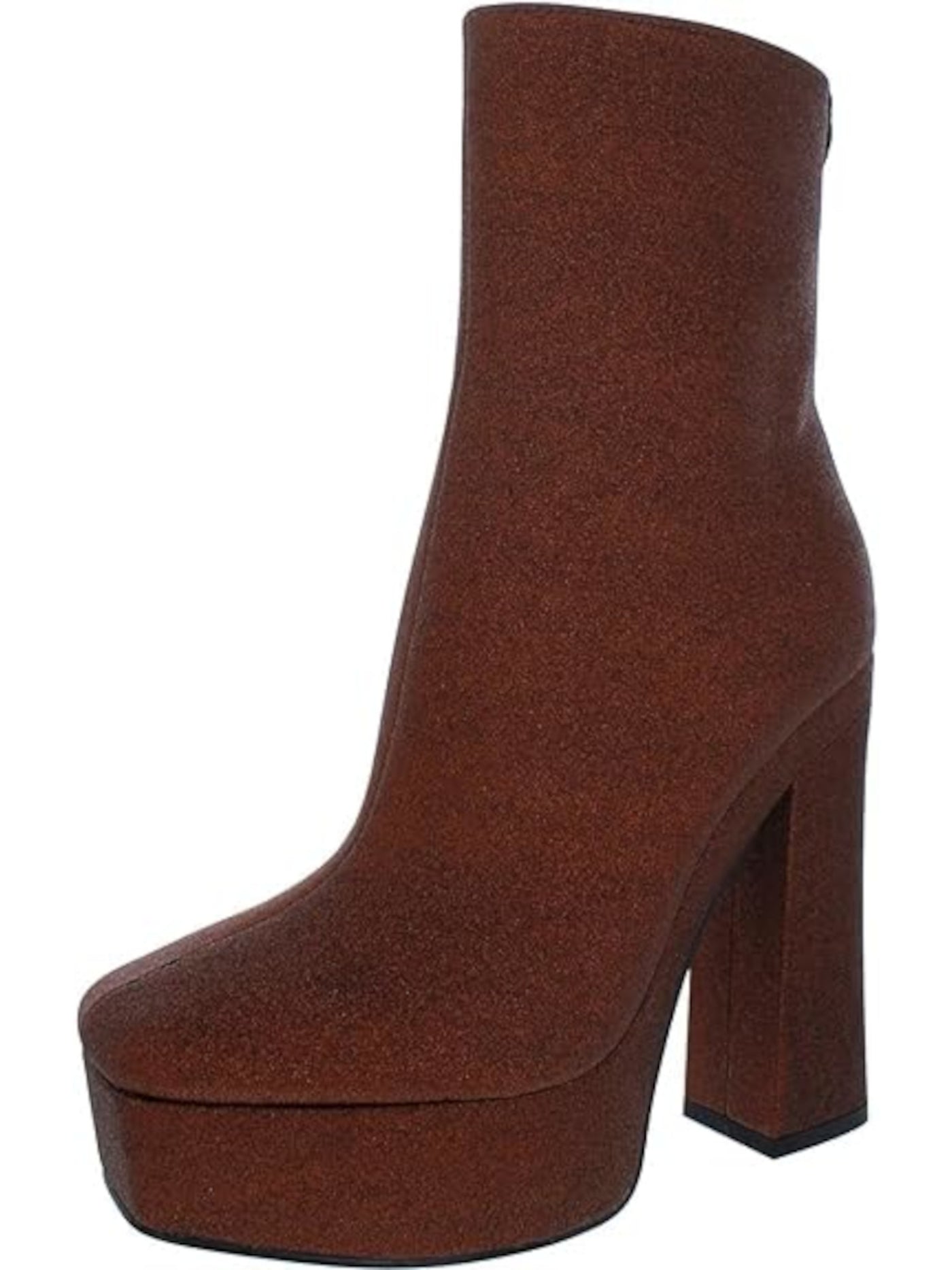 GUESS Womens Brown 1-1/2" Platform Glitter Padded Byra Square Toe Block Heel Zip-Up Dress Booties 9.5 M