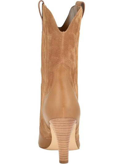 NINE WEST Women's Beige Alama Embroidered Padded Dual Pull-Tabs Mixed Media Western Boot