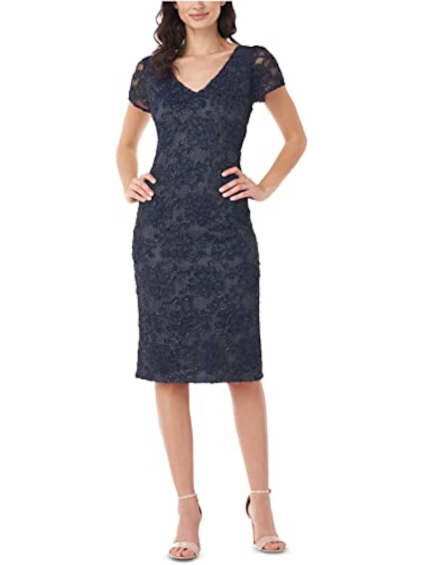 JS COLLECTIONS Womens Navy Embroidered Zippered Slitted Lined Short Sleeve V Neck Below The Knee Evening Sheath Dress 6