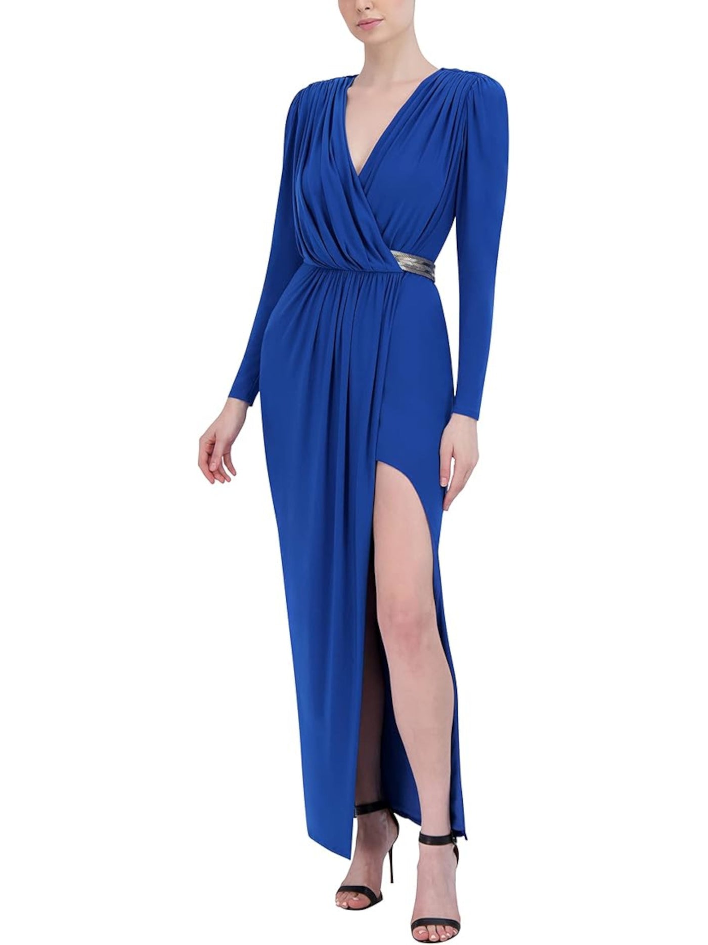 BCBG MAXAZRIA Womens Blue Gathered Zippered Shirred Waist Beaded Accent Slit Long Sleeve Surplice Neckline Full-Length Evening Faux Wrap Dress M