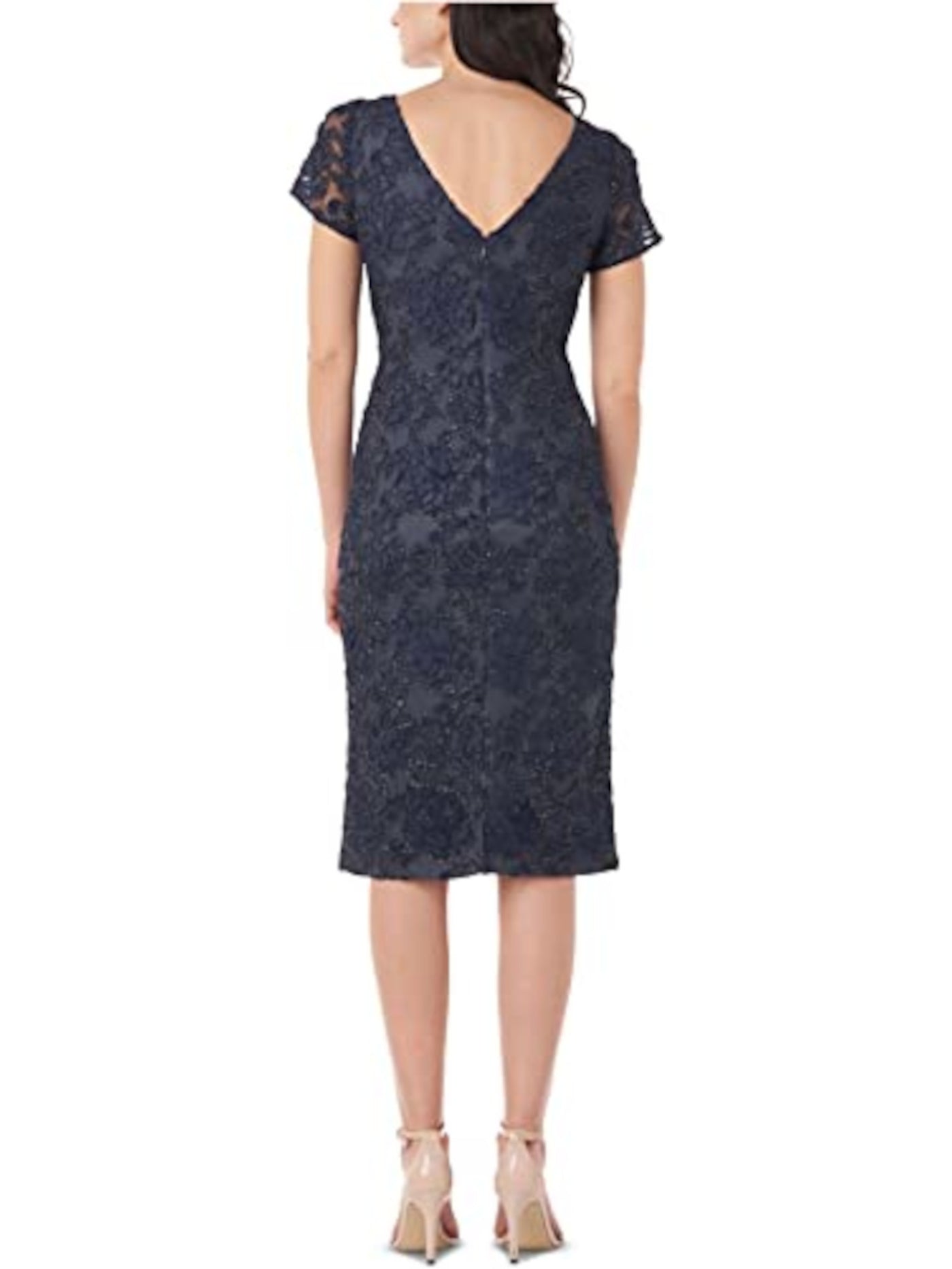 JS COLLECTIONS Womens Navy Embroidered Zippered Slitted Lined Short Sleeve V Neck Below The Knee Evening Sheath Dress 6