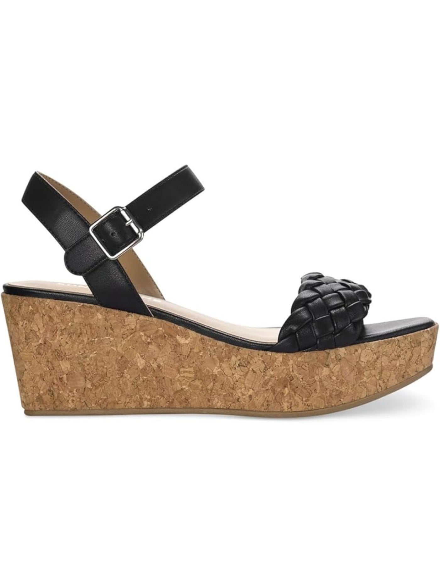 SUN STONE Womens Black Braided Cork-Like 1-1/2" Platform Padded Ankle Strap Allvina Square Toe Wedge Buckle Slingback Sandal 9.5