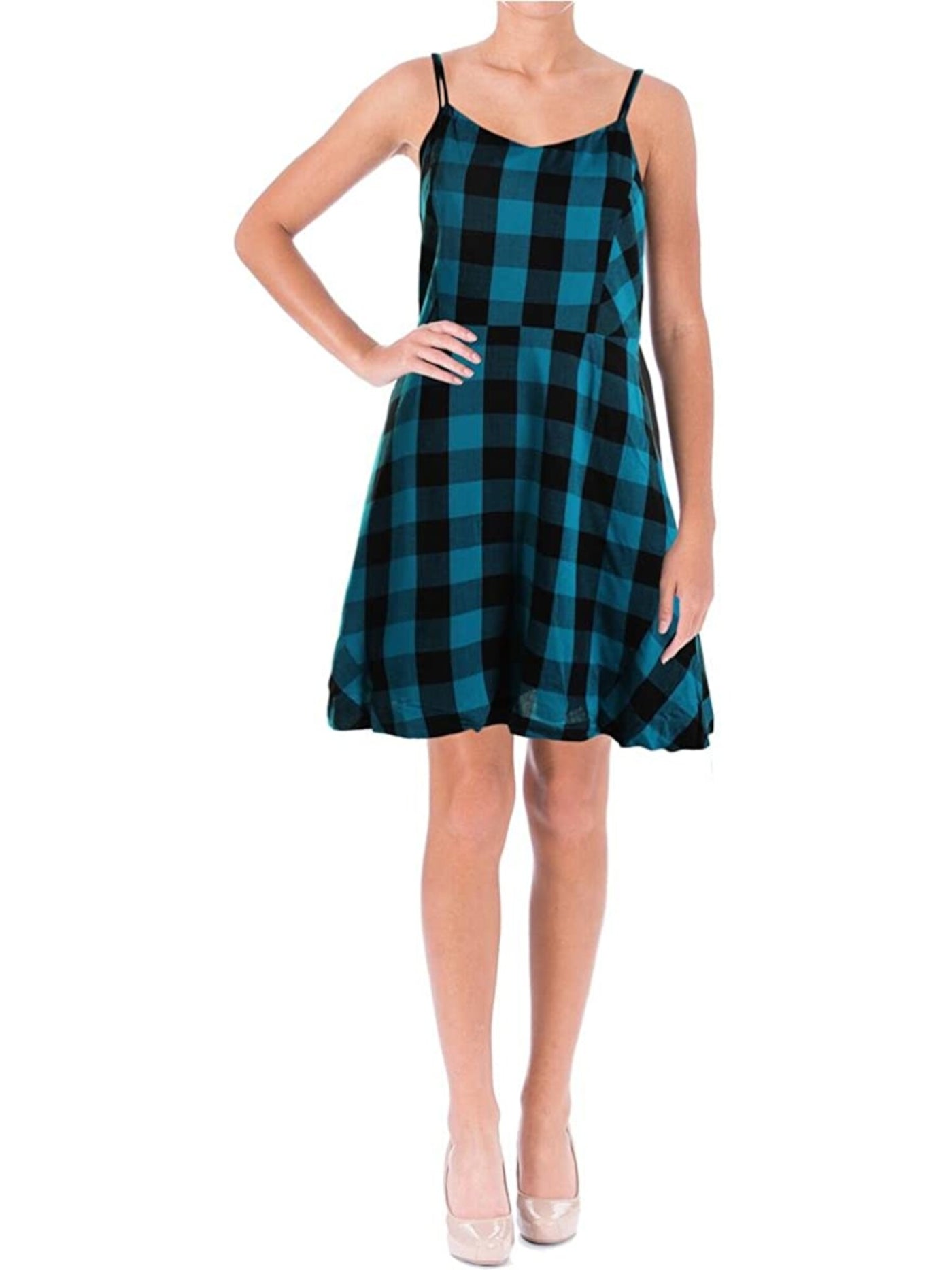 KENSIE Womens Teal Plaid Spaghetti Strap V Neck Above The Knee Fit + Flare Dress S