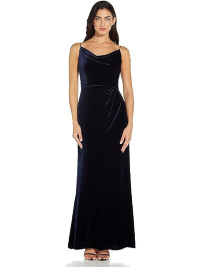 ADRIANNA PAPELL Womens Navy Zippered Pleated Draped Front Spaghetti Strap Cowl Neck Full-Length Evening Gown Dress 2