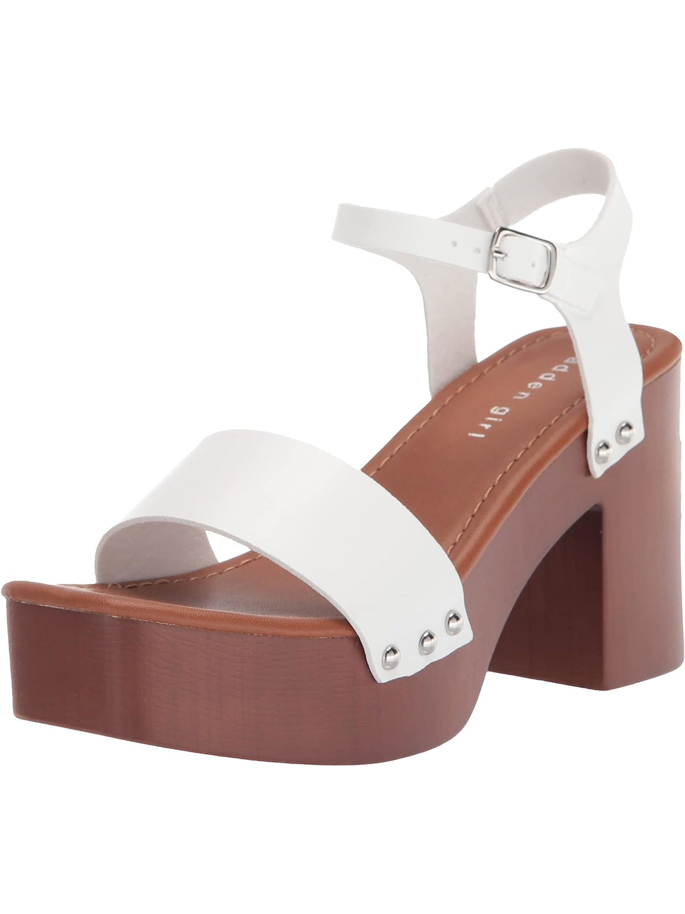 MADDEN GIRL Womens White Ankle Strap Studded Dani Square Toe Block Heel Buckle Heeled Sandal 9.5 M