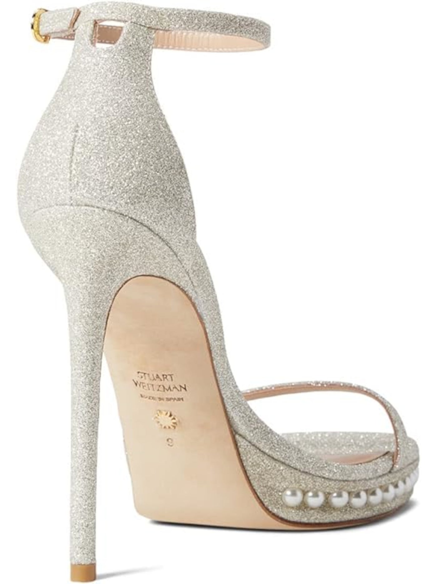 STUART WEITZMAN Womens Silver Faux Pearl Embellishment Cushioned Glitter Ankle Strap Nudist Disco Round Toe Stiletto Buckle Dress Heeled Sandal 7.5 M