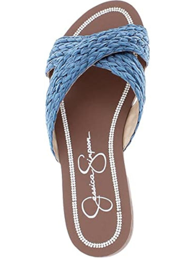 JESSICA SIMPSON Womens Blue Braided Crisscross Straps Rhinestone Braided Elaney Almond Toe Block Heel Slip On Slide Sandals 6.5 M