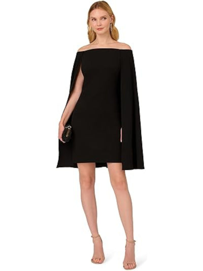 ADRIANNA PAPELL Womens Black Zippered Lined Attached Cape Sleeveless Off Shoulder Above The Knee Party Sheath Dress 6