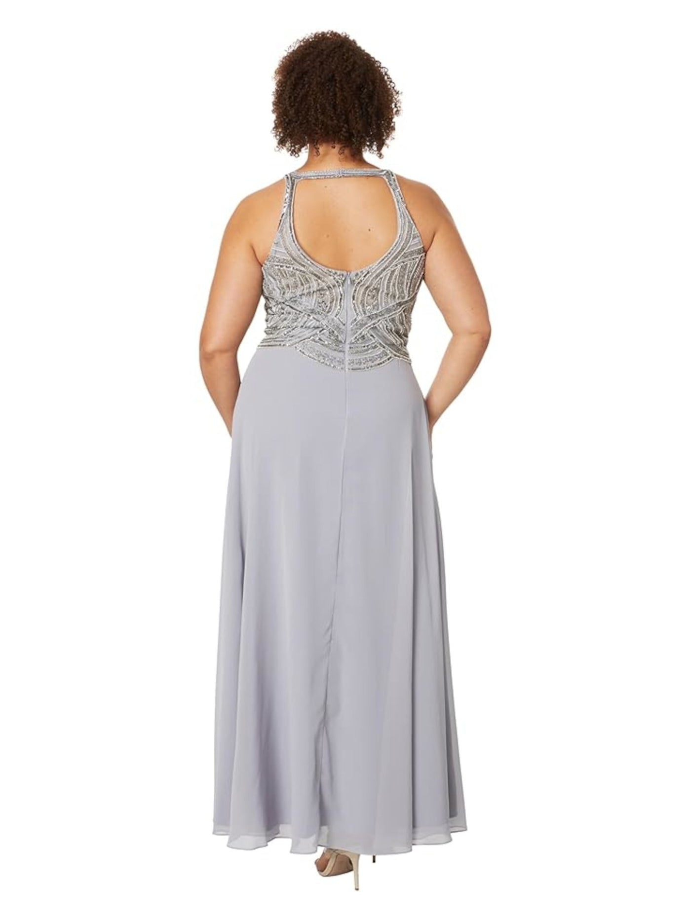 BETSY & ADAM Womens Gray Embellished Cut Out Lined Zippered Slitted Hook Back Sleeveless Halter Full-Length Formal Sheath Dress 4