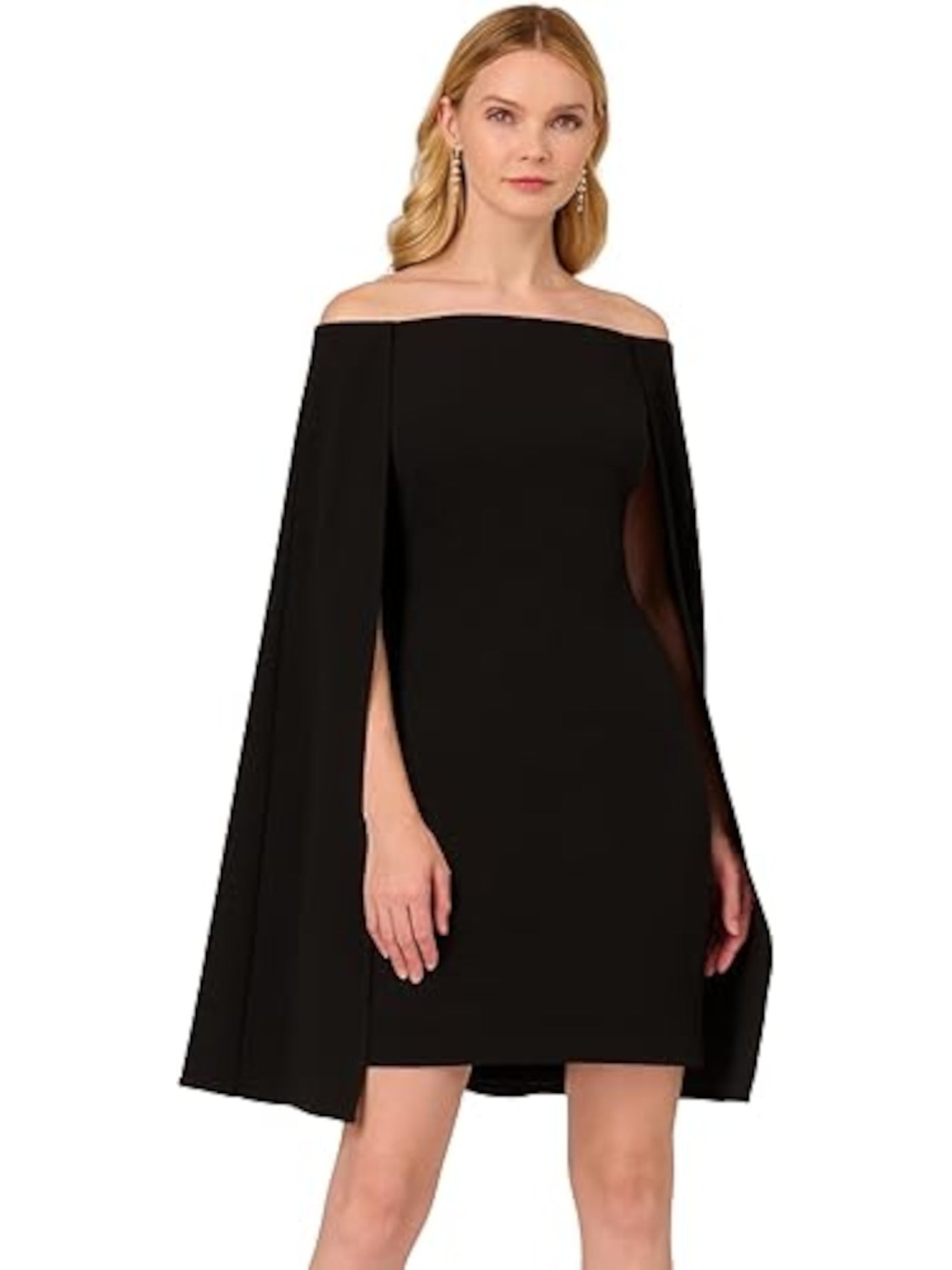 ADRIANNA PAPELL Womens Black Zippered Lined Attached Cape Sleeveless Off Shoulder Above The Knee Party Sheath Dress 4