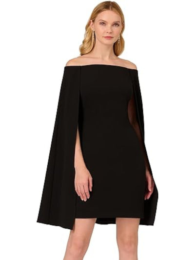 ADRIANNA PAPELL Womens Black Zippered Lined Attached Cape Sleeveless Off Shoulder Above The Knee Party Sheath Dress 6