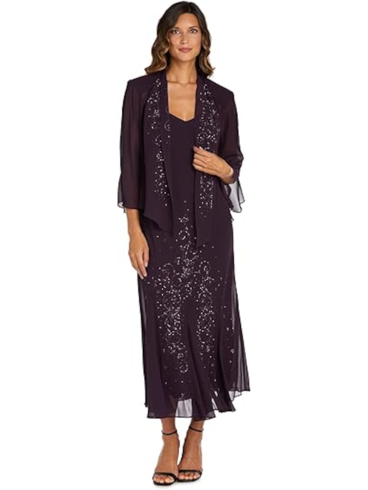 R&M RICHARDS Womens Purple Beaded Lined Open Front 3/4 Sleeve Jacket Sleeveless V Neck Midi Evening Fit + Flare Dress 10