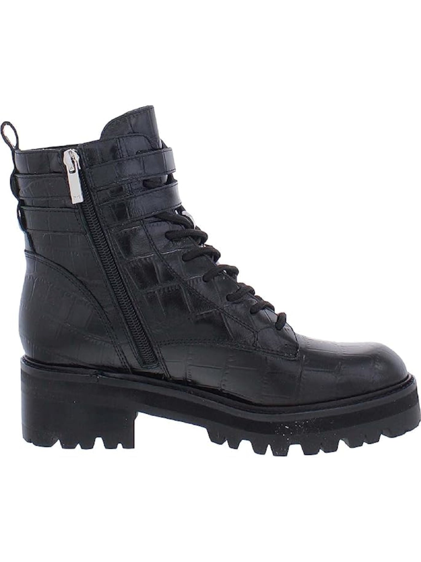 MARC FISHER Womens Black Croc Lace 1" Platform Buckle Accent Lug Sole Barren Round Toe Block Heel Zip-Up Leather Booties 6.5 M