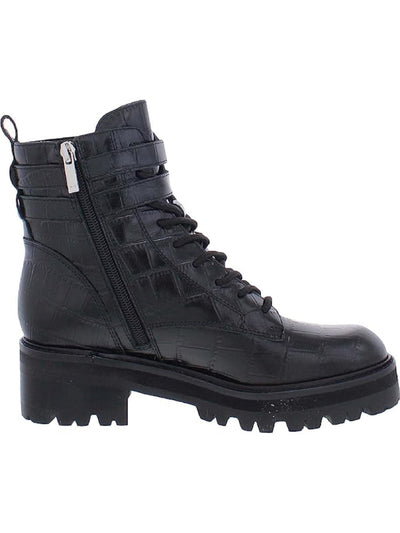 MARC FISHER Womens Black Croc Lace 1" Platform Buckle Accent Lug Sole Barren Round Toe Block Heel Zip-Up Leather Booties 6.5 M
