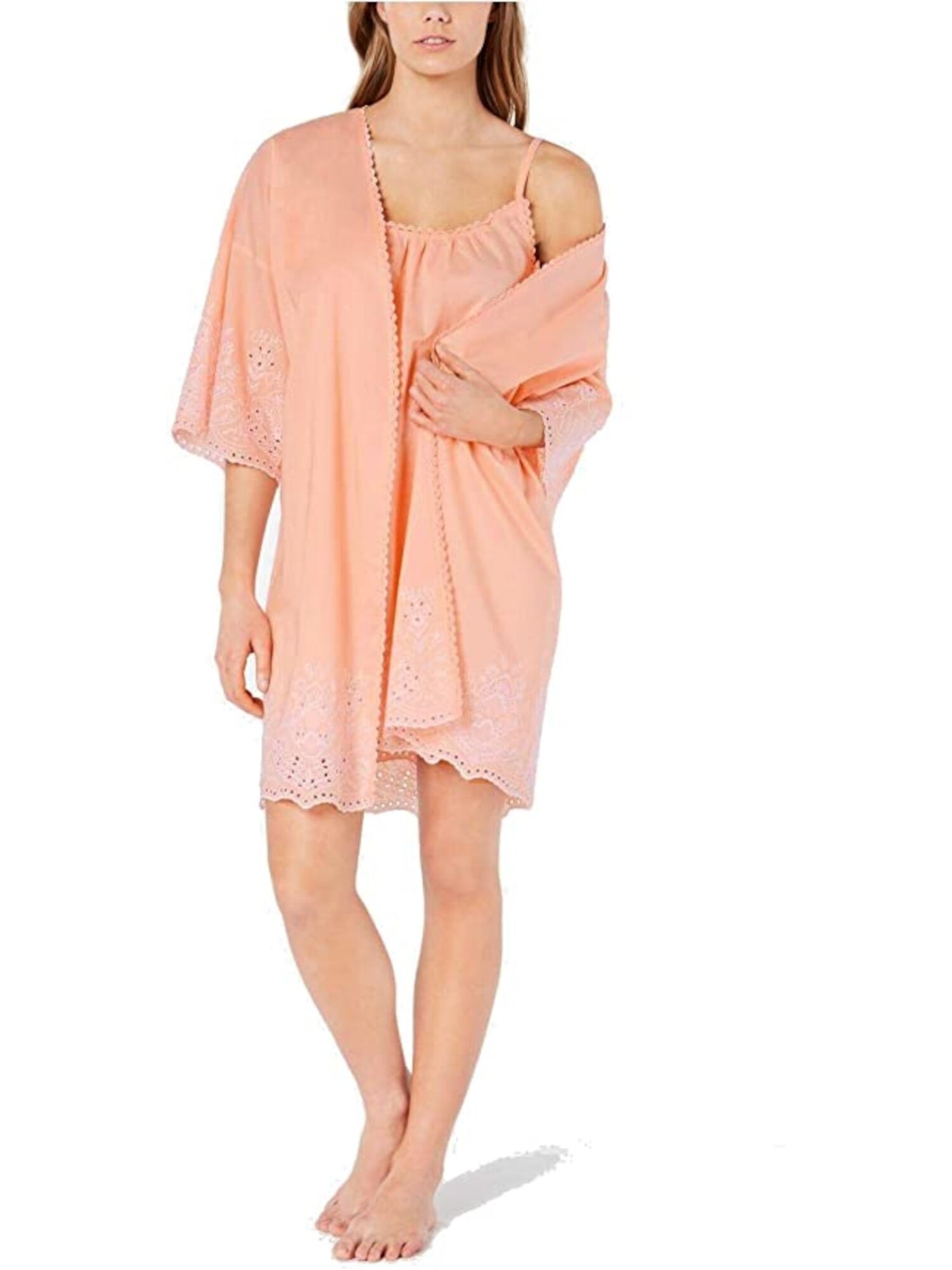 CHARTER CLUB Womens Coral Floral Eyelet Spaghetti Strap Robe Pajamas S