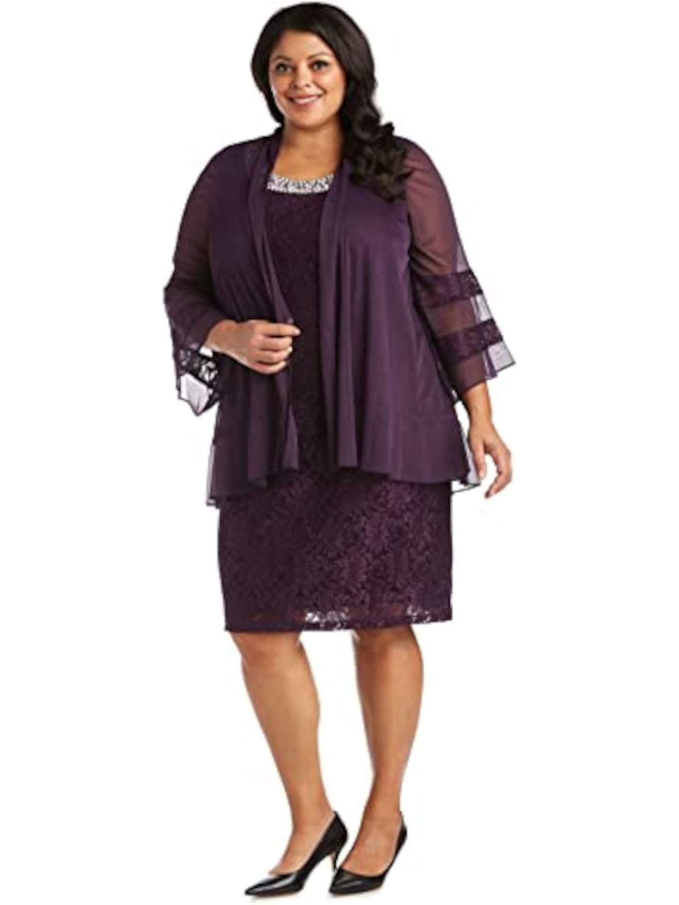 R&M RICHARDS Womens Purple Lace Cardigan Sleeveless Scoop Neck Above The Knee Evening Sheath Dress 14