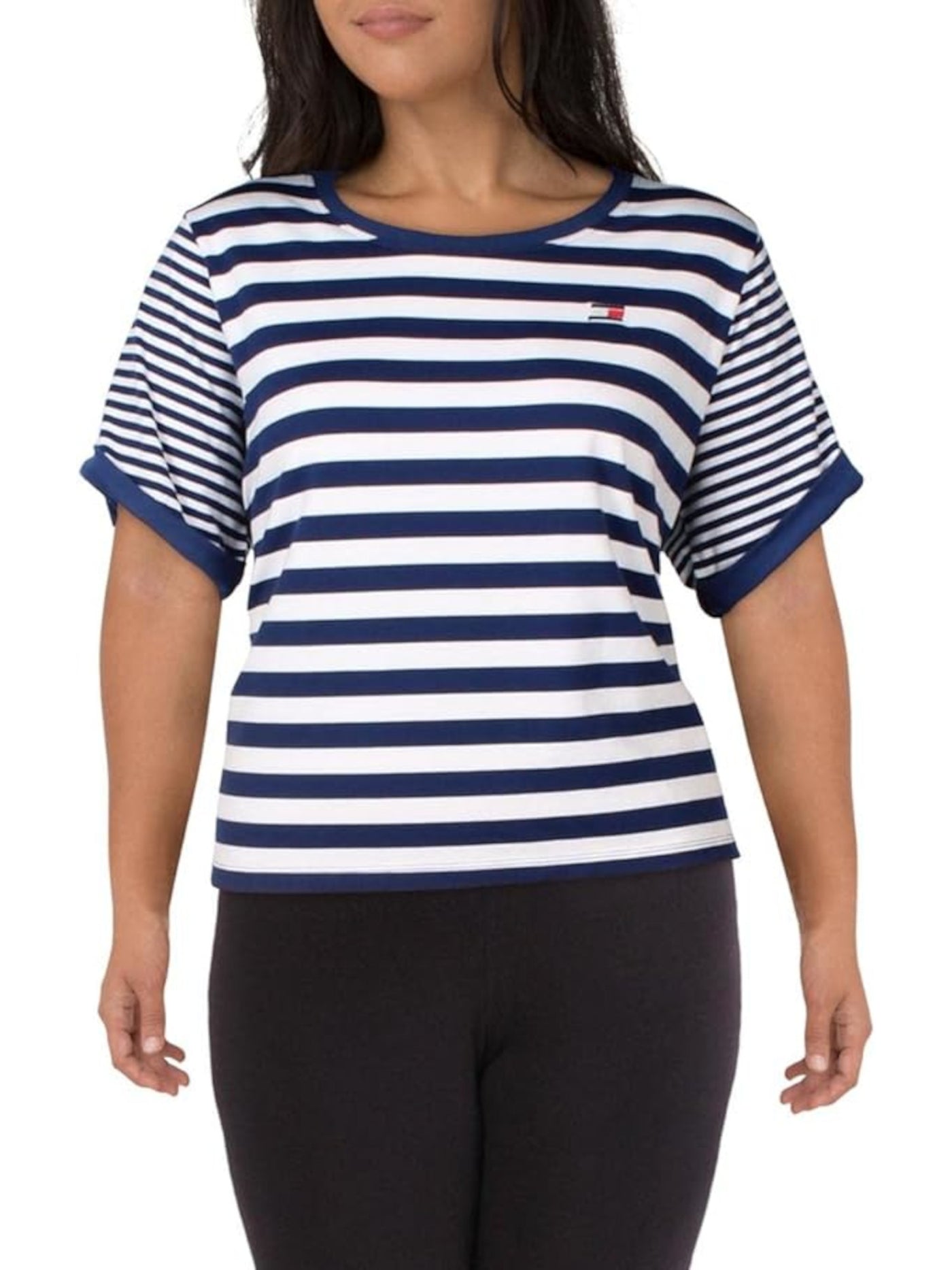 TOMMY HILFIGER SPORT Womens Blue Ribbed Striped Round Neck Top Plus 2X