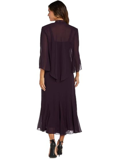 R&M RICHARDS Womens Purple Beaded Lined Open Front 3/4 Sleeve Jacket Sleeveless V Neck Midi Evening Fit + Flare Dress 10