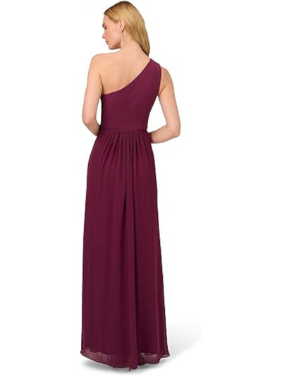 ADRIANNA PAPELL Womens Burgundy Zippered Gathered High Slit Lined Sleeveless Asymmetrical Neckline Full-Length Evening Gown Dress 8