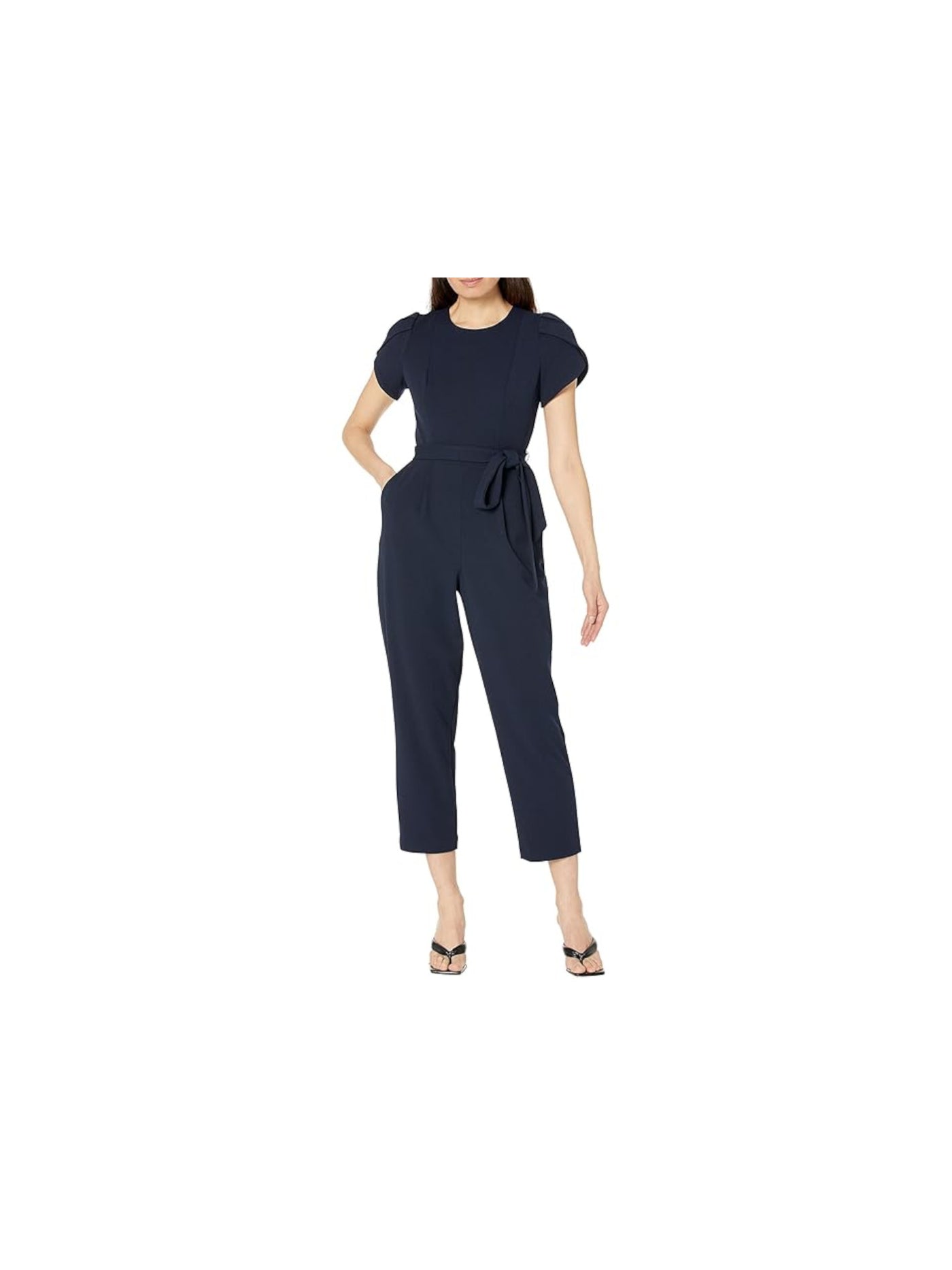 CALVIN KLEIN Womens Navy Zippered Pocketed Self-tie Sash Tapered Legs Tulip Sleeve Round Neck Wear To Work Cropped Jumpsuit 8